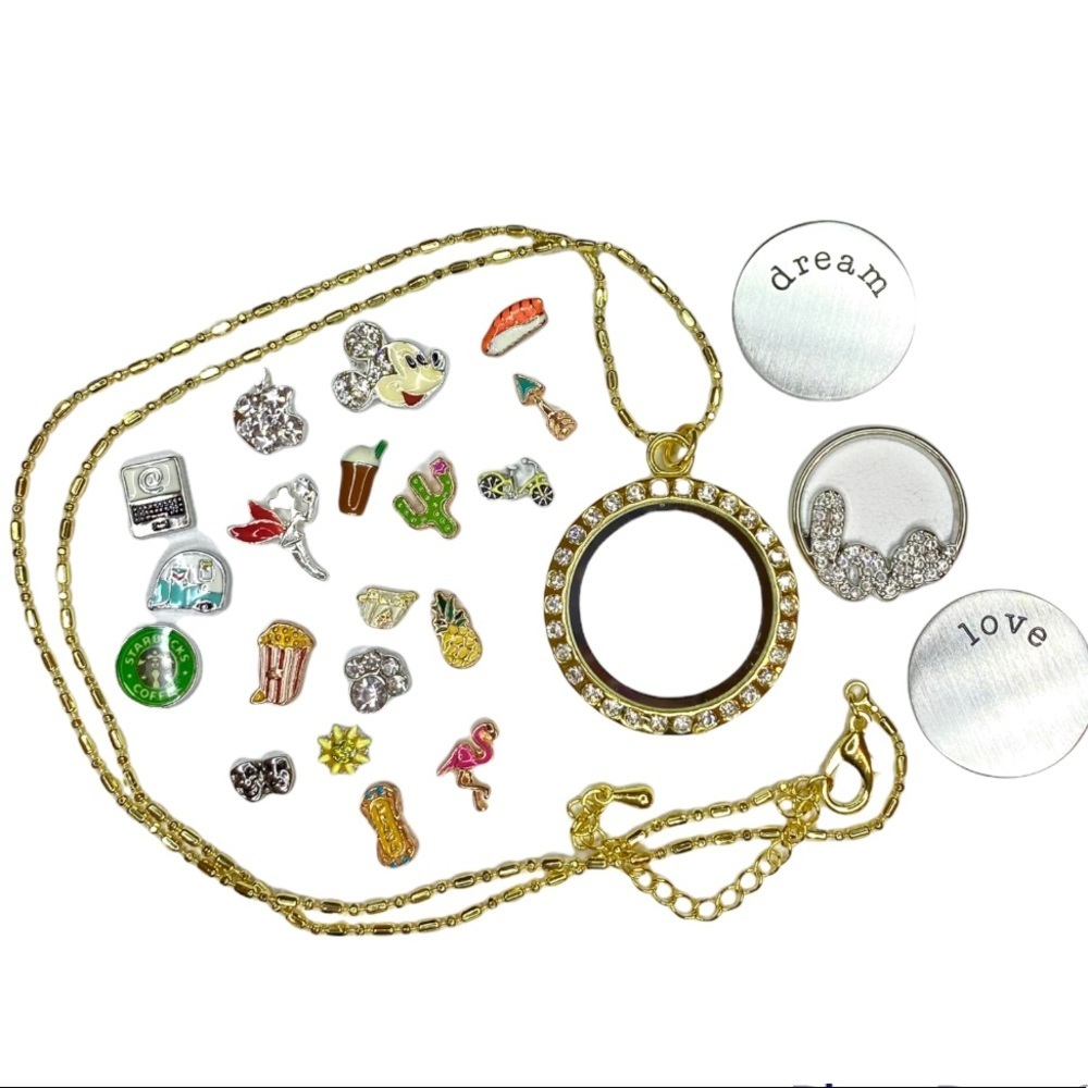 Huge! ✨Gold-tone✨ 22” Rhinestone Charm Locket Necklace 22 charms & accessories